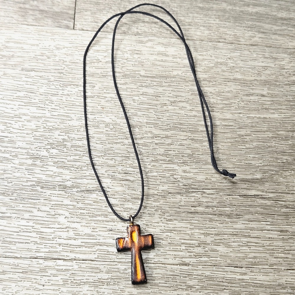 Religious Brown Wooden Cross Pendant Rope Black Cord Necklace